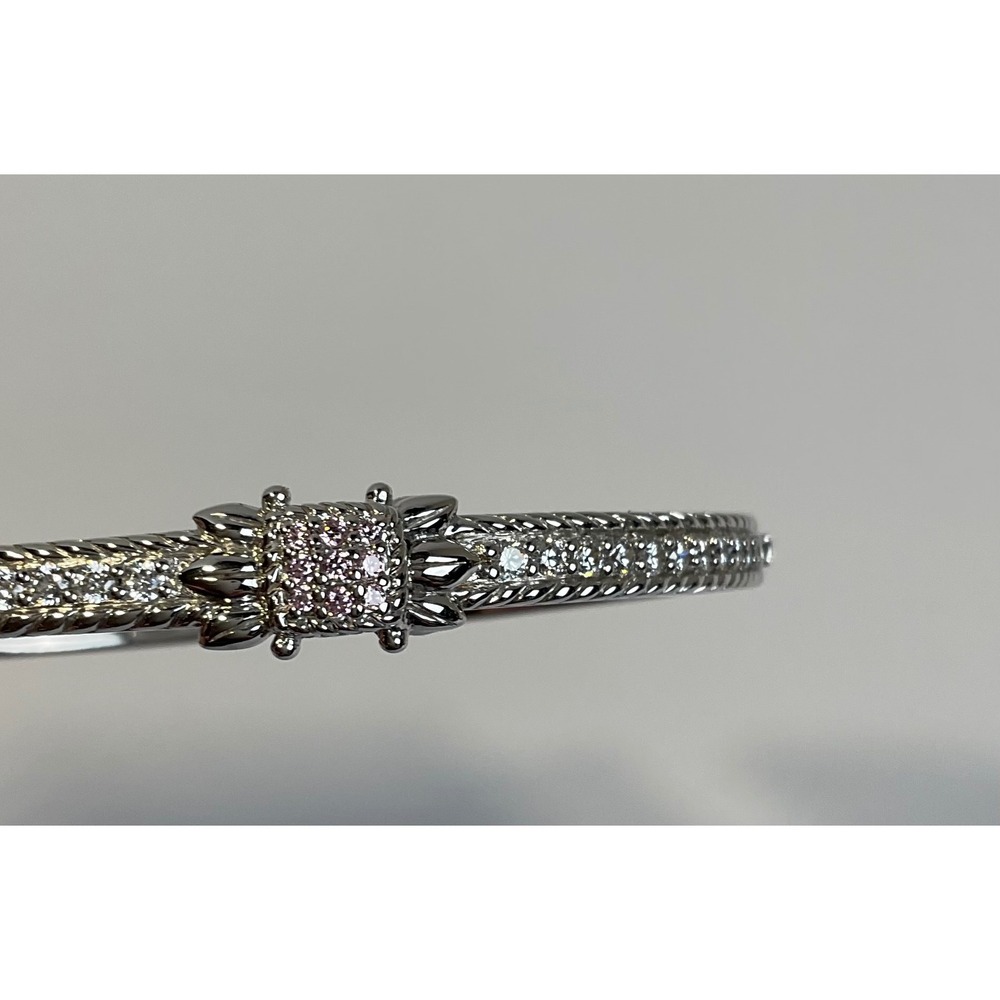 Judith Ripka 925 Sterling Silver Pink Clear CZ Textured Rope Hinged Bracelet - Picture 2 of 11